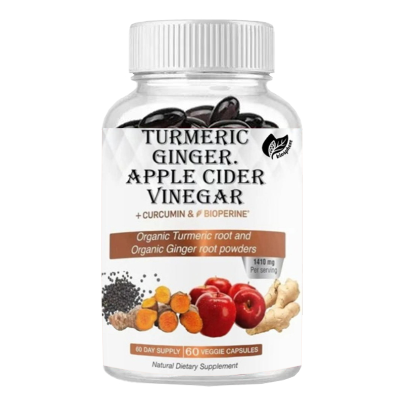 Turmeric Curcumin Capsule - ผงขมิ้นออร์แกนิก, ผงขิงออร์แกนิก และผงน้ำส้มสายชูแอปเปิ้ล ประกอบด้วยเคอร์คูมินและไพเพอรีน บรรจุ 60