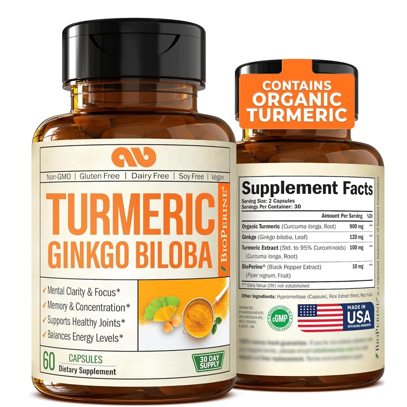 Turmeric Curcumin Capsule - อาหารเสริมเคอร์คูมินขมิ้นอินทรีย์พร้อมใบแปะก๊วย Biloba และพริกไทยดําไพเพอริน 60 แคปซูลต่อขวดเพื่อสุขภาพตามธรรมชาติ